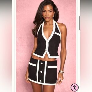 Bouncle Halter and Mini Skirt with Contrast Buttons and Trim
